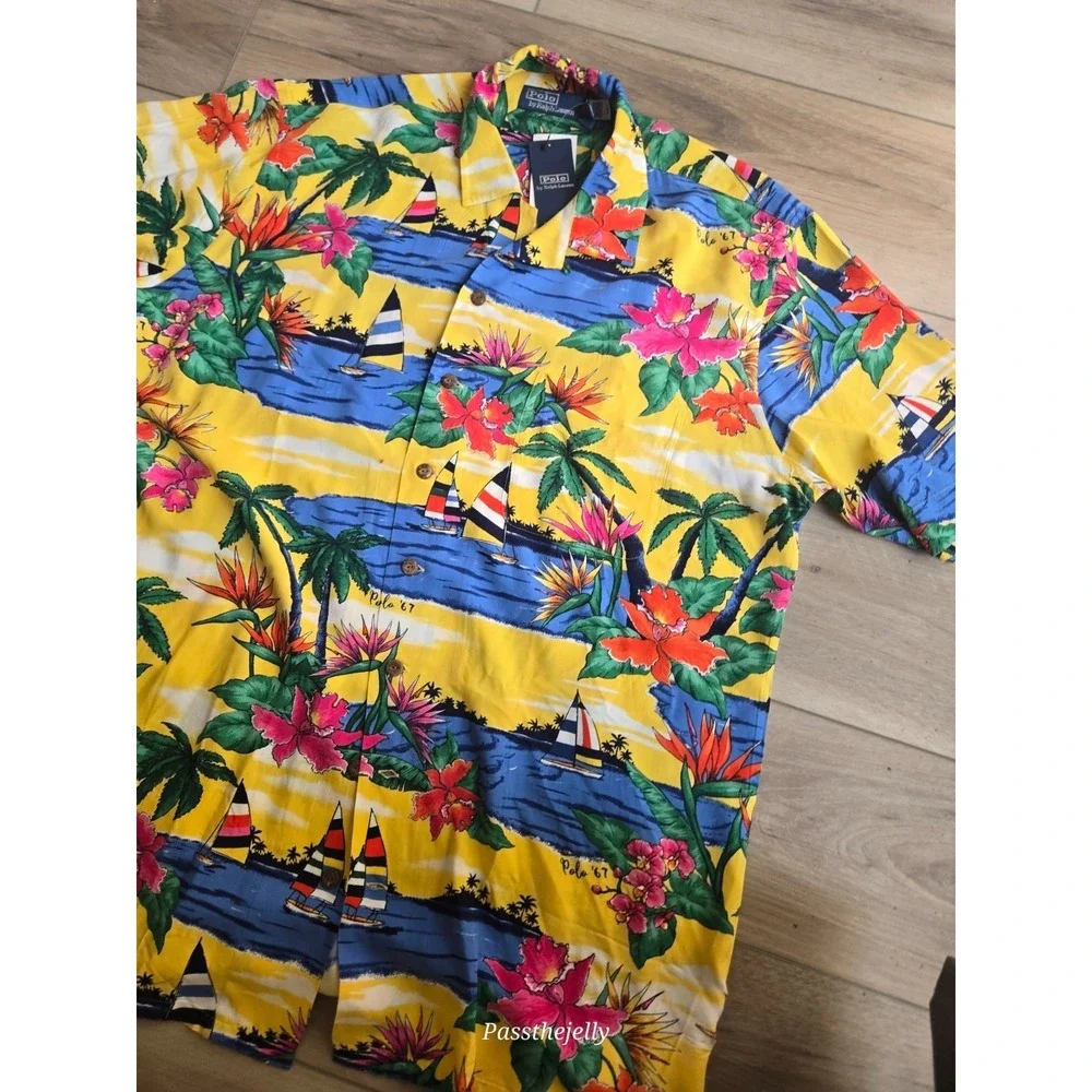 Polo Ralph Lauren Hawaiian Shirt Mens LT Tropical Floral Aloha Beach 67 Camp